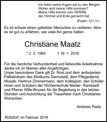Traueranzeige von Christiane Maatz von trauer.echo-online.de