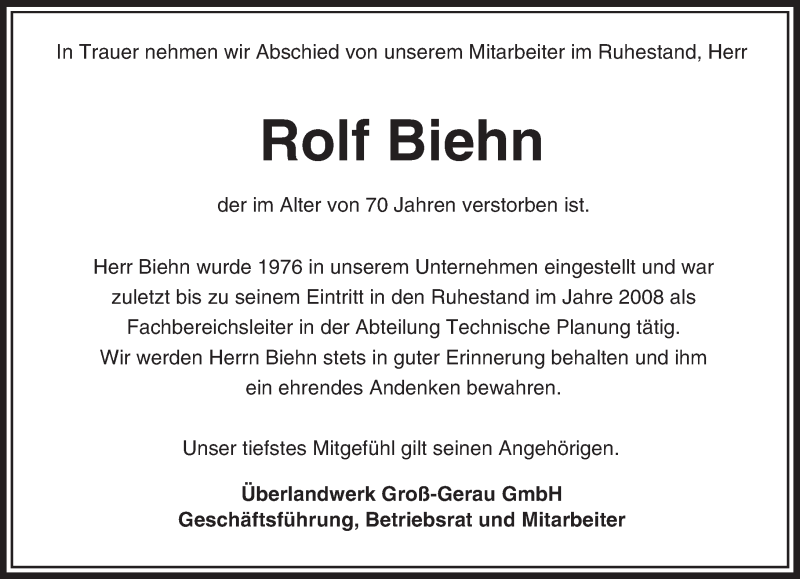  Traueranzeige für Rolf Biehn vom 06.02.2016 aus trauer.echo-online.de
