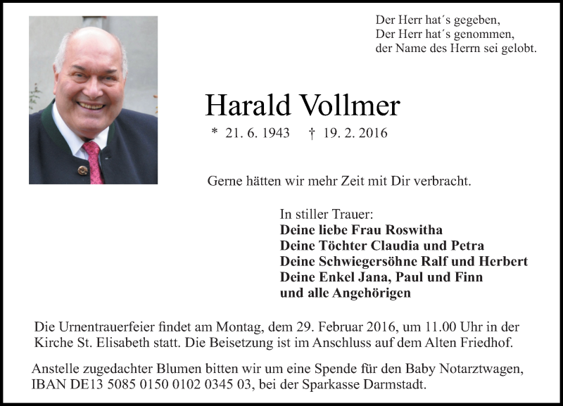  Traueranzeige für Harald Vollmer vom 24.02.2016 aus trauer.echo-online.de