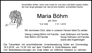 Traueranzeige von Maria Böhm von trauer.echo-online.de