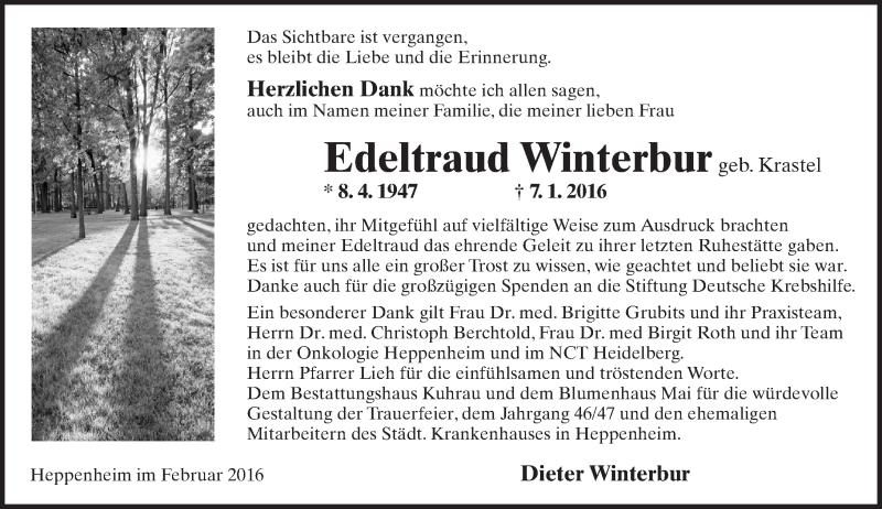  Traueranzeige für Edeltraud Winterbur vom 11.02.2016 aus trauer.echo-online.de