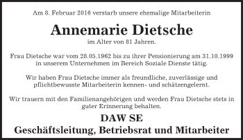 Traueranzeige von Annemarie Dietsche von trauer.echo-online.de