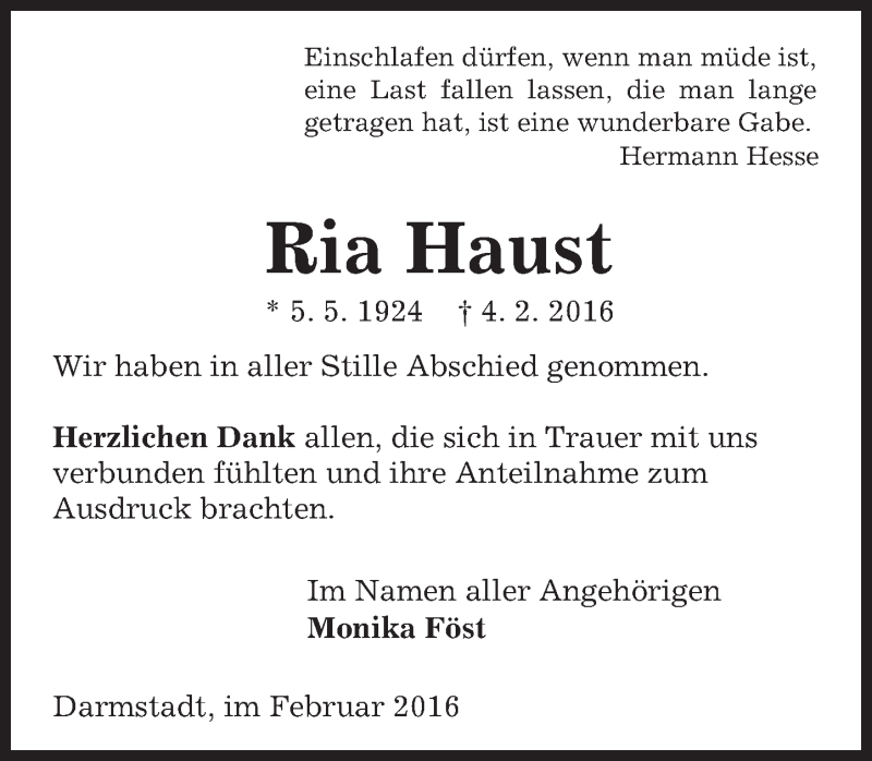  Traueranzeige für Ria Haust vom 27.02.2016 aus trauer.echo-online.de