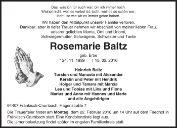 Traueranzeige von Rosemarie Baltz von trauer.echo-online.de