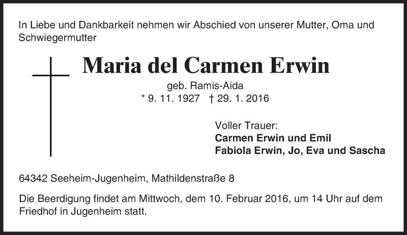 Traueranzeige für Maria del Carmen Erwin vom 03.02.2016 aus trauer.echo-online.de