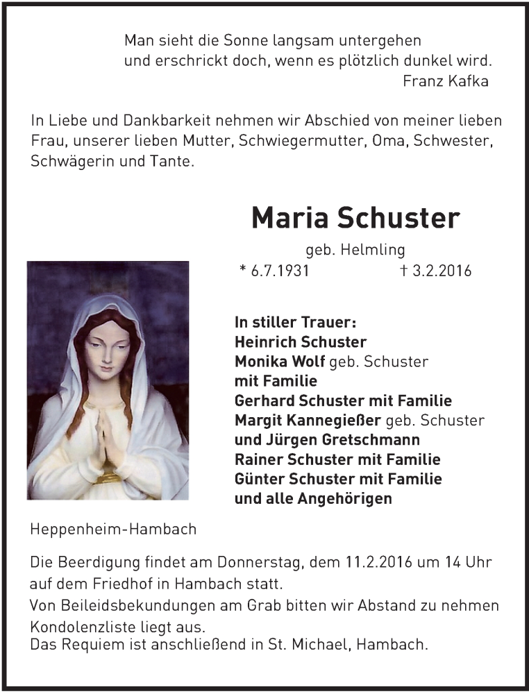  Traueranzeige für Maria Schuster vom 08.02.2016 aus trauer.echo-online.de