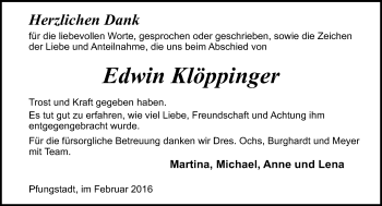 Traueranzeige von Edwin Klöppinger von trauer.echo-online.de