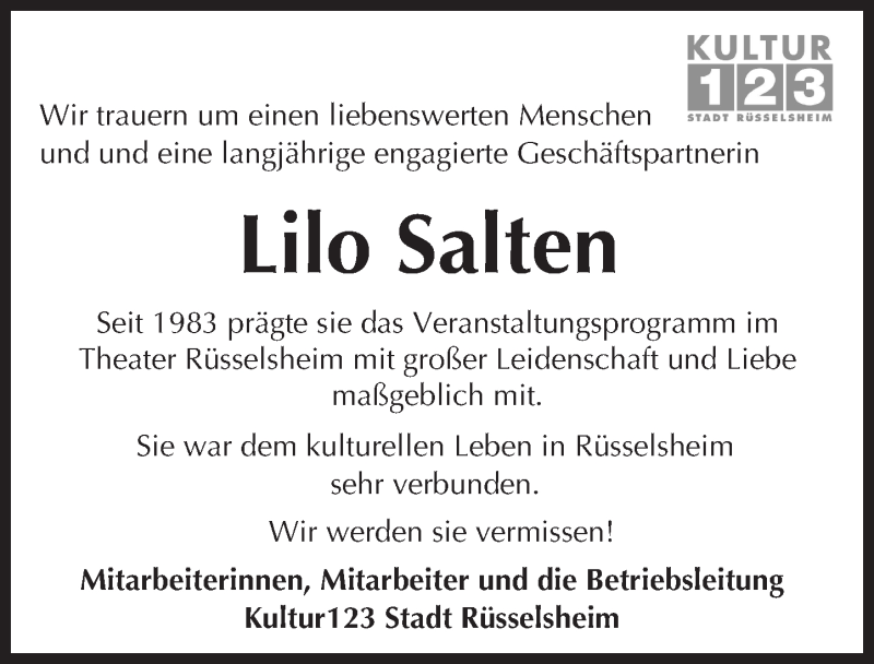  Traueranzeige für Lilo Salten vom 12.02.2016 aus trauer.echo-online.de