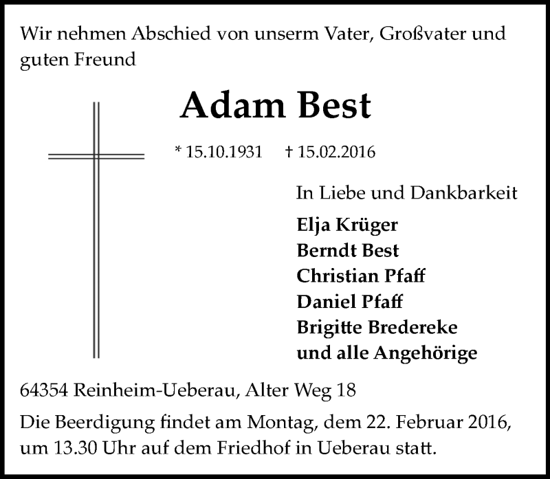  Traueranzeige für Adam Best vom 17.02.2016 aus trauer.echo-online.de
