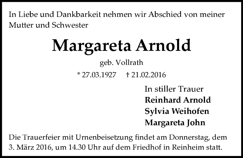  Traueranzeige für Margareta Arnold vom 27.02.2016 aus trauer.echo-online.de