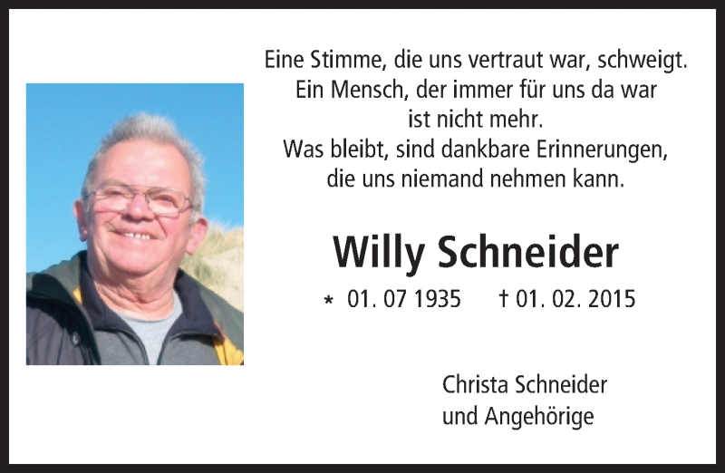  Traueranzeige für Willy Schneider vom 01.02.2016 aus trauer.echo-online.de