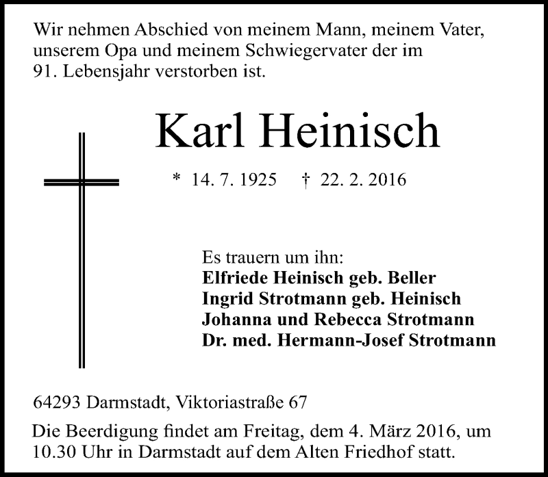  Traueranzeige für Karl Heinisch vom 27.02.2016 aus trauer.echo-online.de