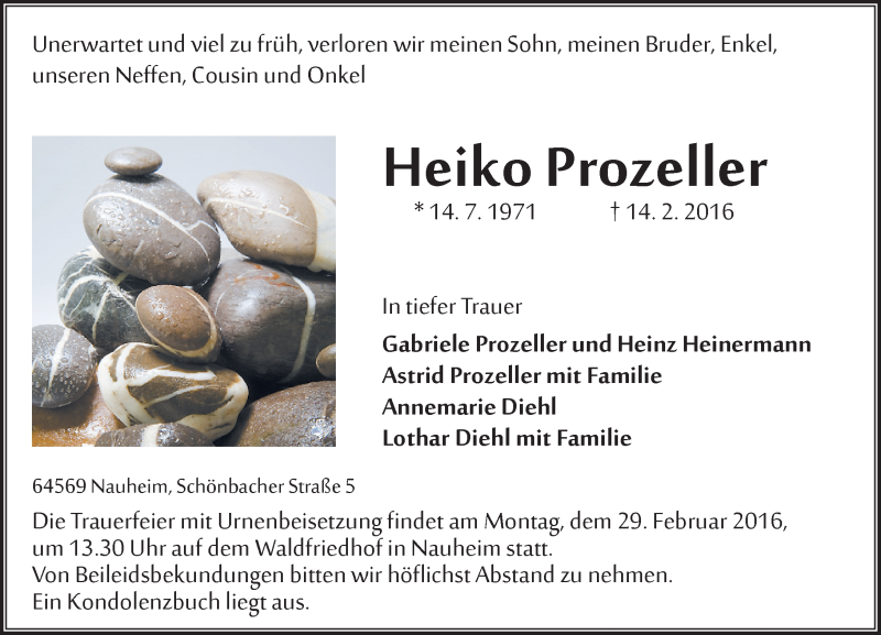  Traueranzeige für Heiko Prozeller vom 26.02.2016 aus trauer.echo-online.de