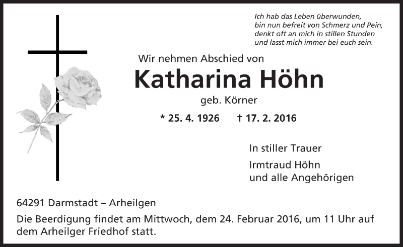  Traueranzeige für Katharina Höhn vom 20.02.2016 aus trauer.echo-online.de
