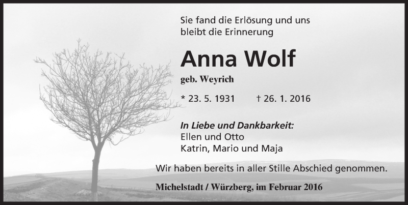  Traueranzeige für Anna Wolf vom 06.02.2016 aus trauer.echo-online.de