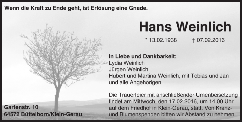  Traueranzeige für Hans Weinlich vom 13.02.2016 aus Darmstädter Echo