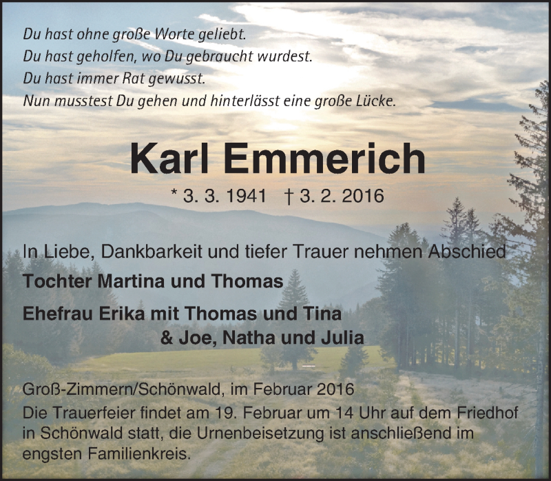  Traueranzeige für Karl Emmerich vom 13.02.2016 aus trauer.echo-online.de