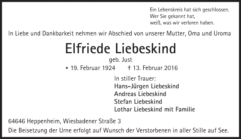  Traueranzeige für Elfriede Liebeskind vom 19.02.2016 aus trauer.echo-online.de