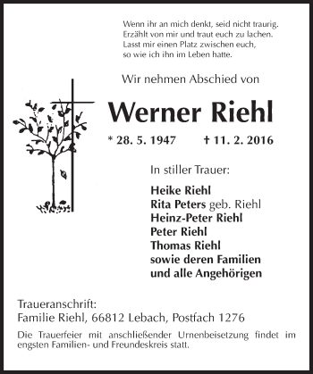 Traueranzeige von Werner Riehl von trauer.echo-online.de
