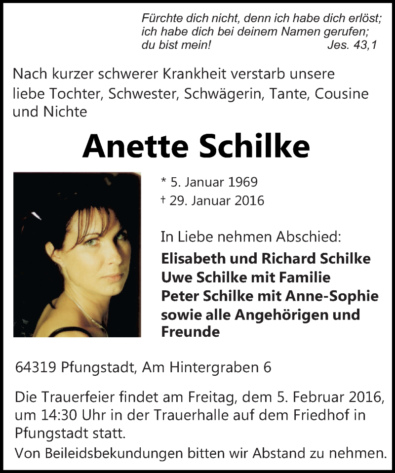  Traueranzeige für Anette Schilke vom 03.02.2016 aus trauer.echo-online.de