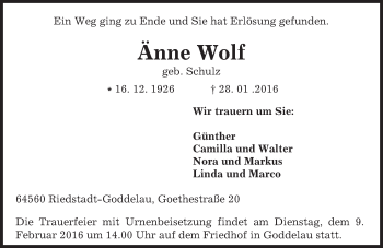 Traueranzeige von Änne Wolf von trauer.echo-online.de