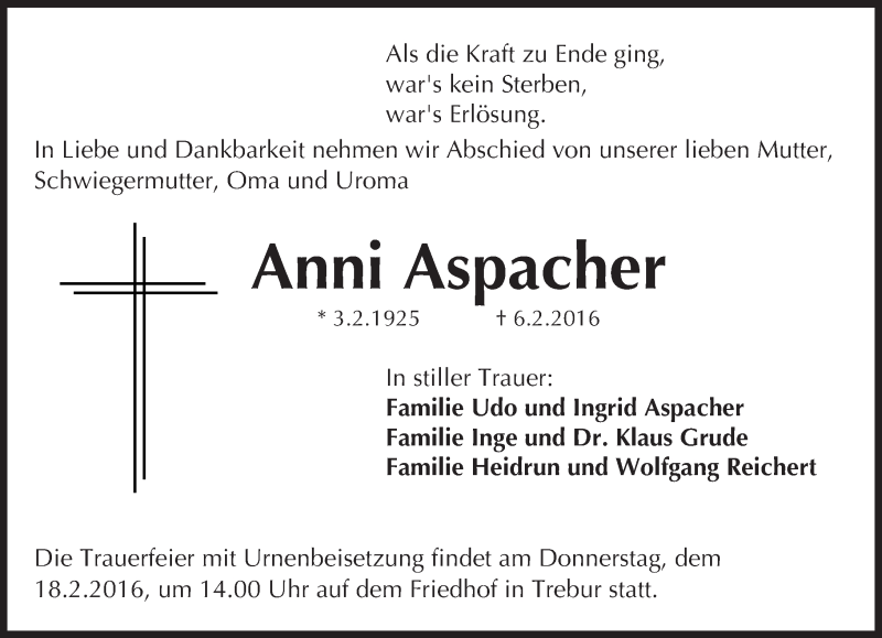  Traueranzeige für Anni Aspacher vom 15.02.2016 aus trauer.echo-online.de
