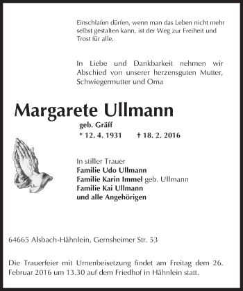 Traueranzeige von Margarete Ullmann von trauer.echo-online.de
