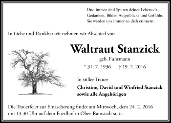 Traueranzeige von Waltraut Stanzick von trauer.echo-online.de