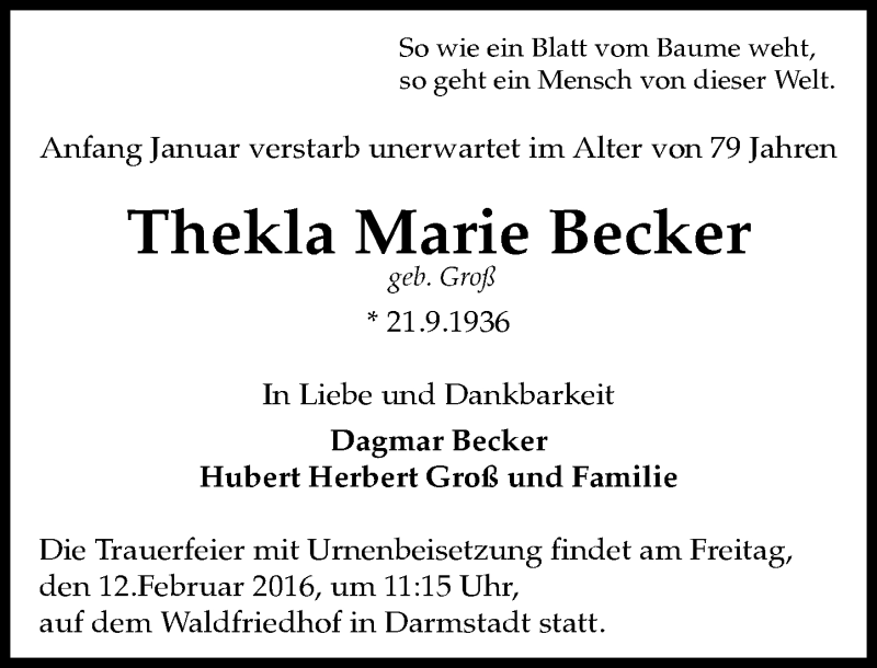  Traueranzeige für Thekla Marie Becker vom 06.02.2016 aus trauer.echo-online.de