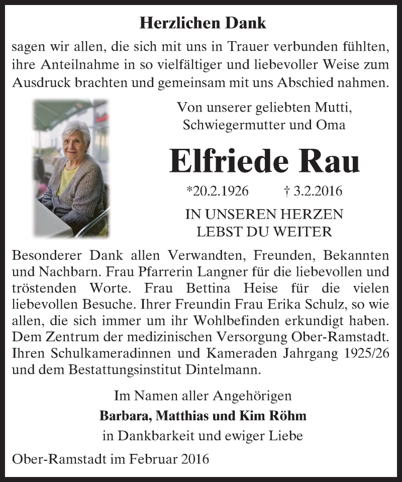  Traueranzeige für Elfriede Rau vom 27.02.2016 aus trauer.echo-online.de