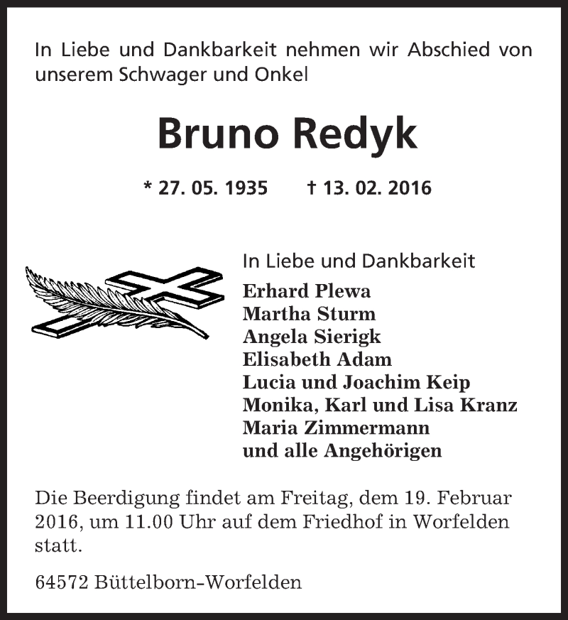  Traueranzeige für Bruno Redyk vom 16.02.2016 aus trauer.echo-online.de