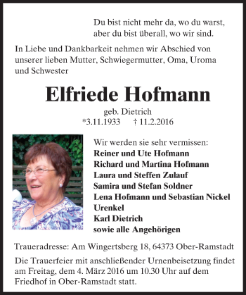 Traueranzeige von Elfriede Hofmann von trauer.echo-online.de