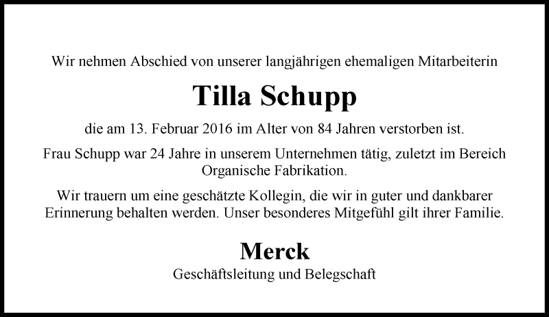  Traueranzeige für Tilla Schupp vom 25.02.2016 aus trauer.echo-online.de