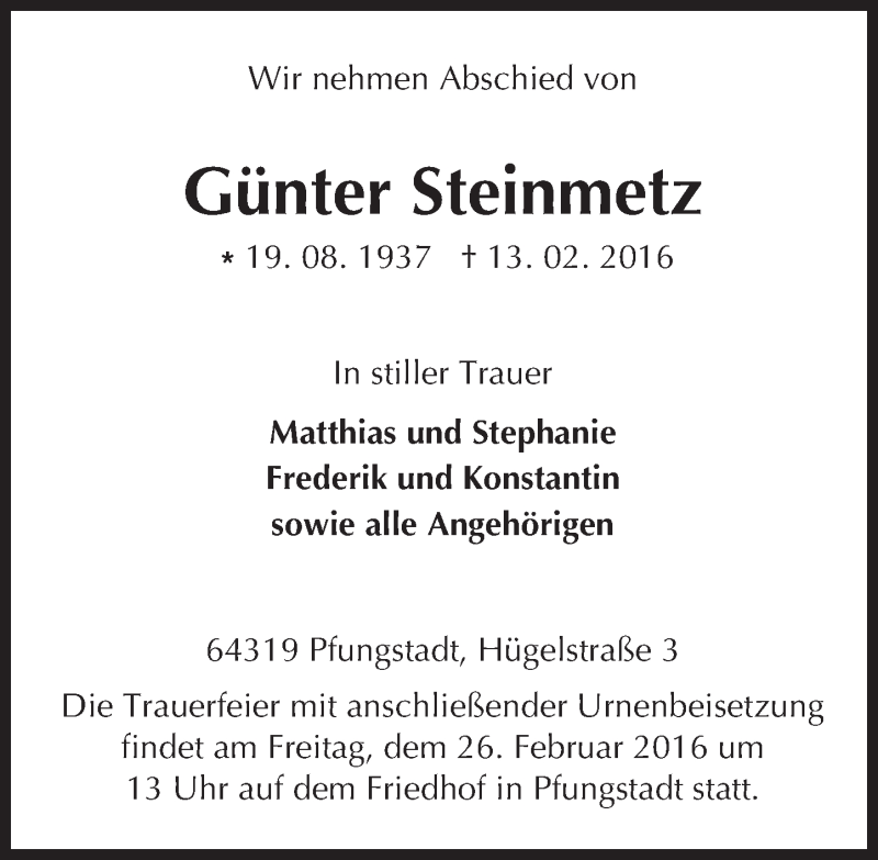  Traueranzeige für Günter Steinmetz vom 24.02.2016 aus trauer.echo-online.de
