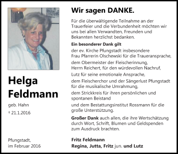 Traueranzeige von Helga Feldmann von trauer.echo-online.de