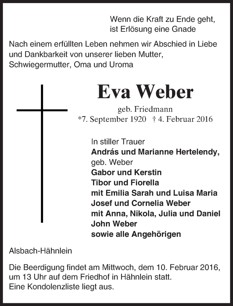  Traueranzeige für Eva Weber vom 06.02.2016 aus trauer.echo-online.de