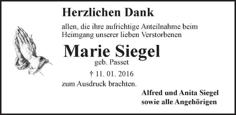  Traueranzeige für Marie Siegel vom 13.02.2016 aus trauer.echo-online.de