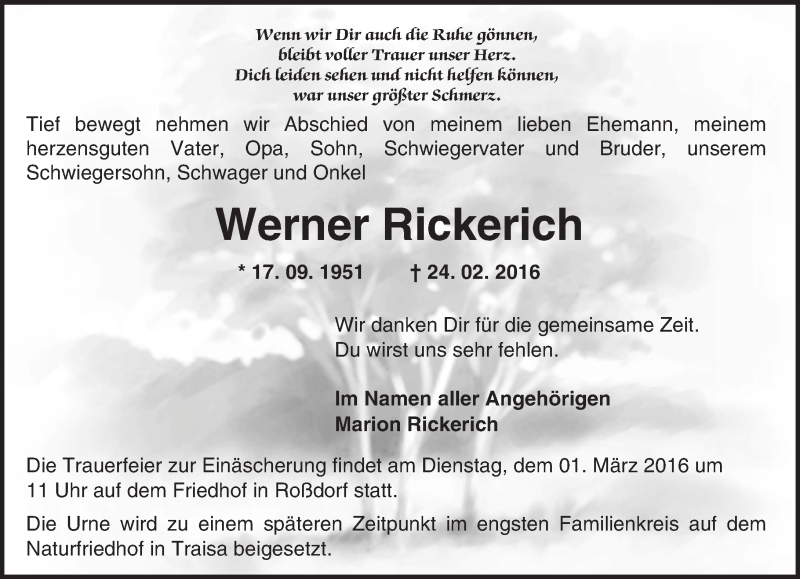  Traueranzeige für Werner Rickerich vom 27.02.2016 aus trauer.echo-online.de