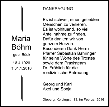 Traueranzeige von Maria Böhm von trauer.echo-online.de