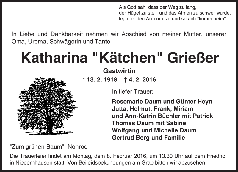  Traueranzeige für Katharina Grießer vom 06.02.2016 aus trauer.echo-online.de