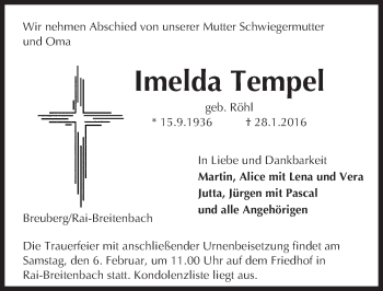 Traueranzeige von Imelda Tempel von trauer.echo-online.de