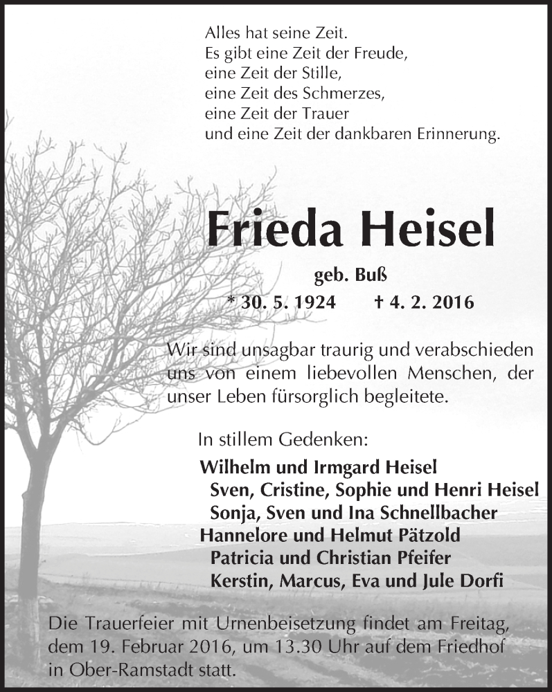  Traueranzeige für Frieda Heisel vom 13.02.2016 aus trauer.echo-online.de