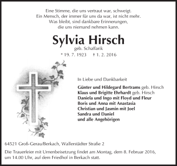 Traueranzeige von Sylvia Hirsch von trauer.echo-online.de