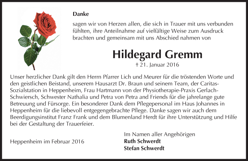  Traueranzeige für Hildegard Gremm vom 12.02.2016 aus trauer.echo-online.de