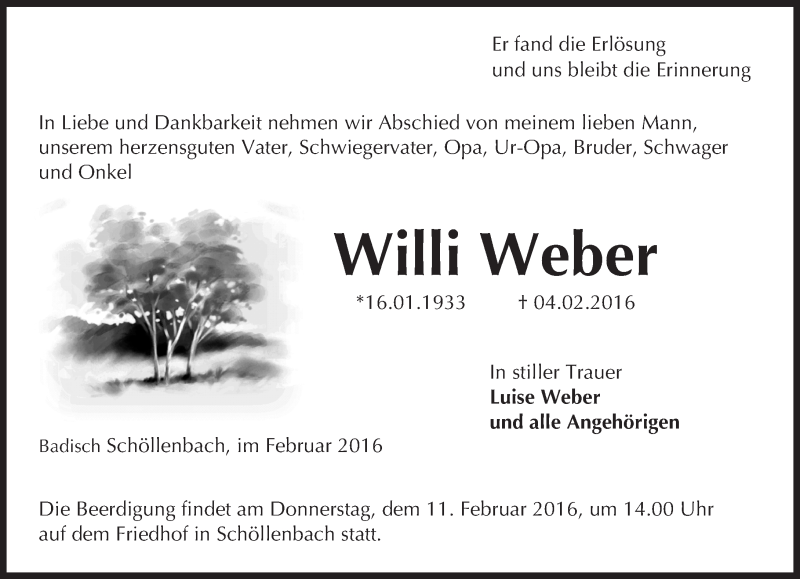  Traueranzeige für Willi Weber vom 09.02.2016 aus trauer.echo-online.de