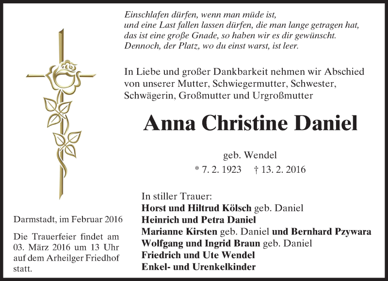  Traueranzeige für Anna Christine Daniel vom 27.02.2016 aus trauer.echo-online.de