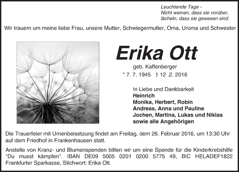  Traueranzeige für Erika Ott vom 20.02.2016 aus trauer.echo-online.de
