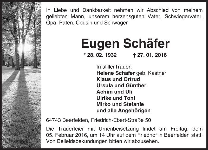  Traueranzeige für Eugen Schäfer vom 02.02.2016 aus trauer.echo-online.de