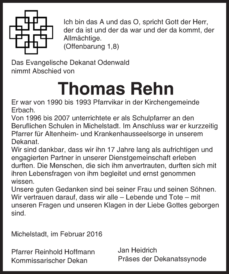 Traueranzeige für Thomas Rehn vom 09.02.2016 aus trauer.echo-online.de