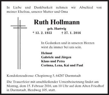 Traueranzeige von Ruth Hollmann von trauer.echo-online.de